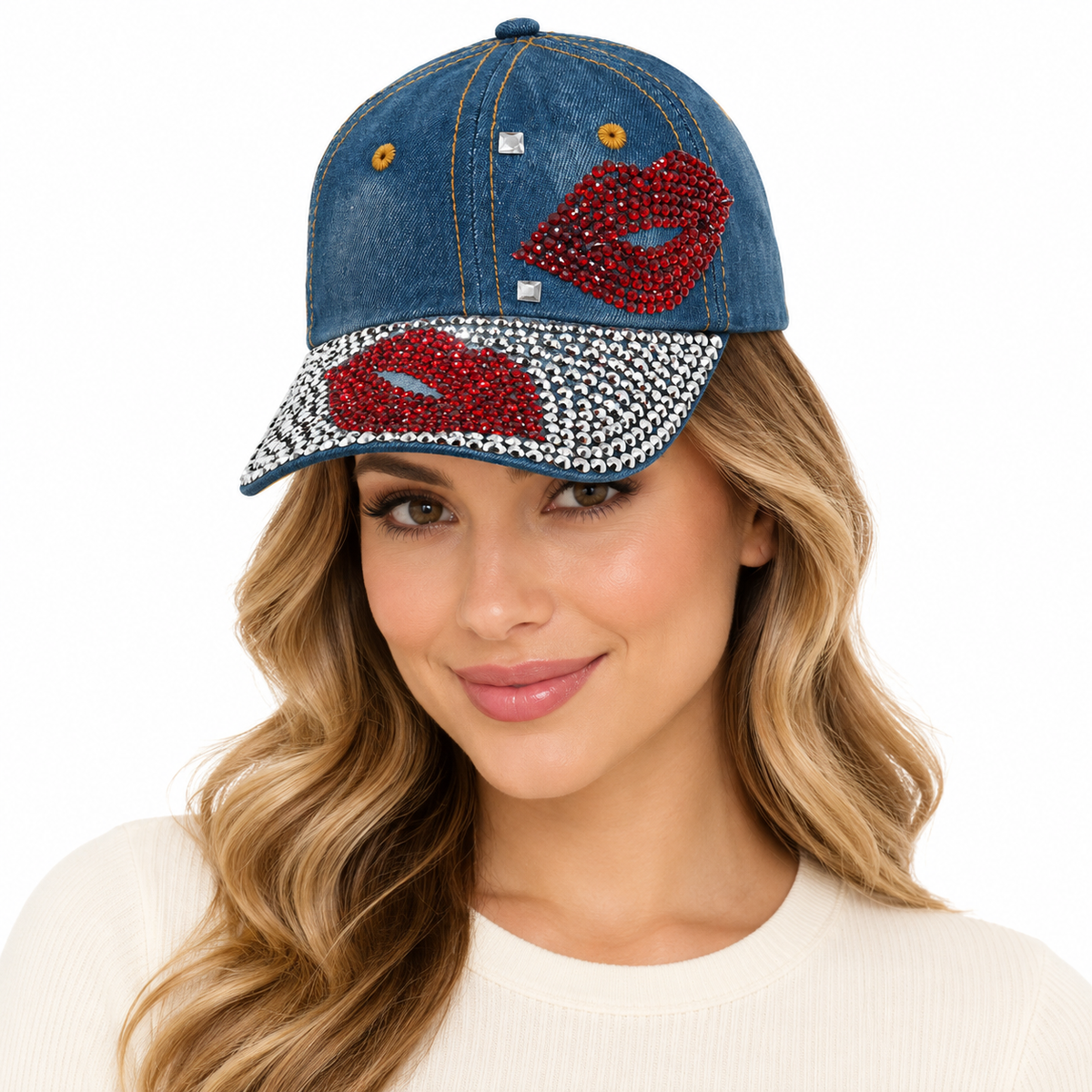 Model wearing Denim Baseball Cap: CA052 "Two Lips" Red Rhinestones Baseball Cap