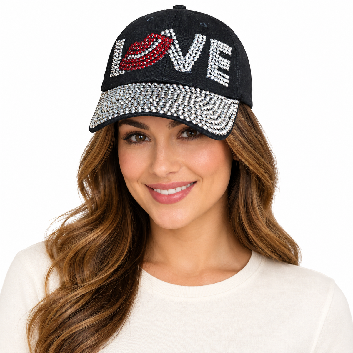 Model wearing Denim Baseball Cap: CA14229 "LOVE" Rhinestone Studded Hat in black denim