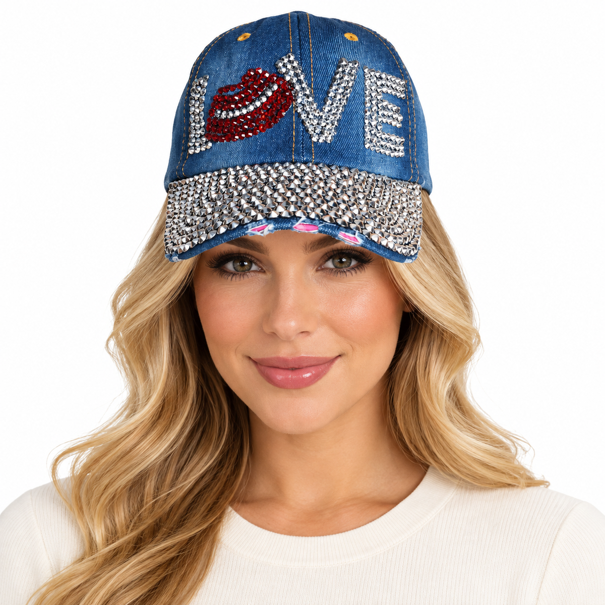 Model wearing Denim Baseball Cap: CA14229 "LOVE" Rhinestone Studded Hat in denim