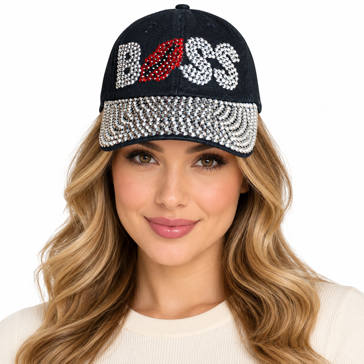 Model wearing Denim Baseball Cap: CA14229-1 "BOSS" Rhinestone Studded Hat in black denim