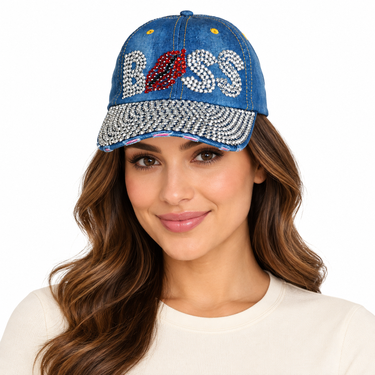 Model wearing Denim Baseball Cap: CA14229-1 "BOSS" Rhinestone Studded Hat in denim