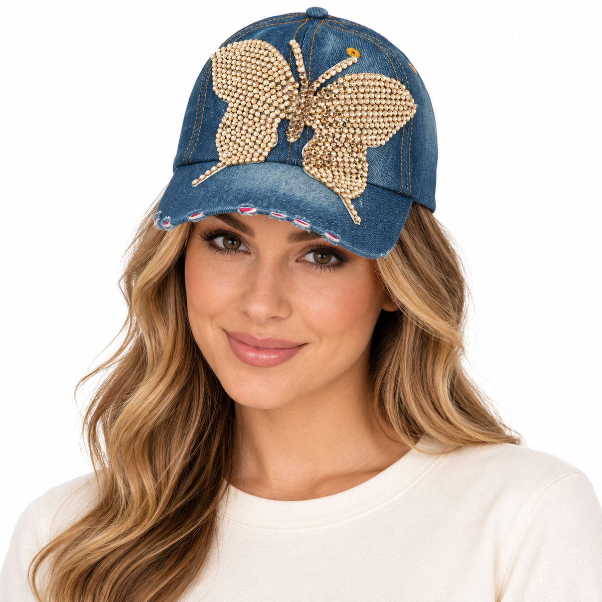 Model wearing Denim Baseball Cap: CA1435 "Butterfly" Gold Rhinestone Denim Cap