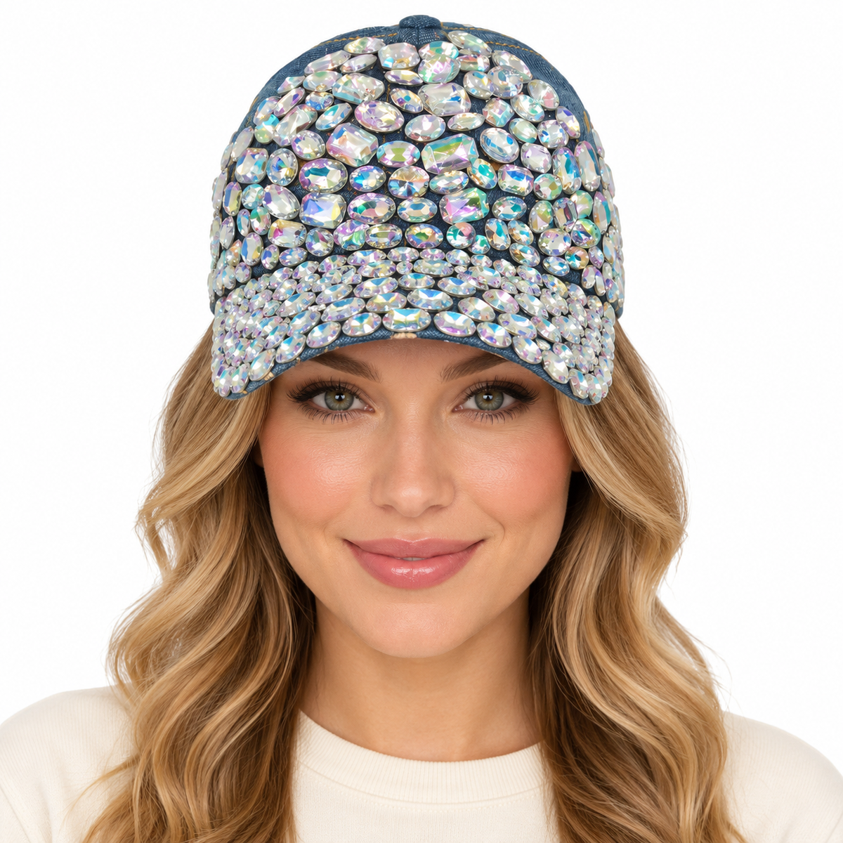 Model wearing Denim Baseball Cap: CA1446 X-Large Rhinestone AB Stones