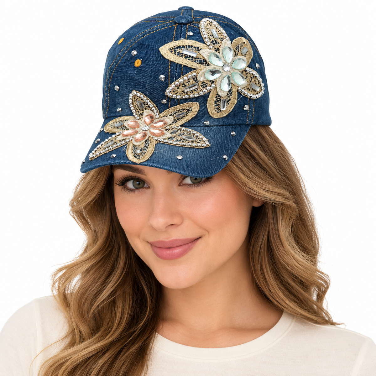 Model wearing Denim Baseball Cap: CA1472 Embroidered Flower Design on Denim Cap
