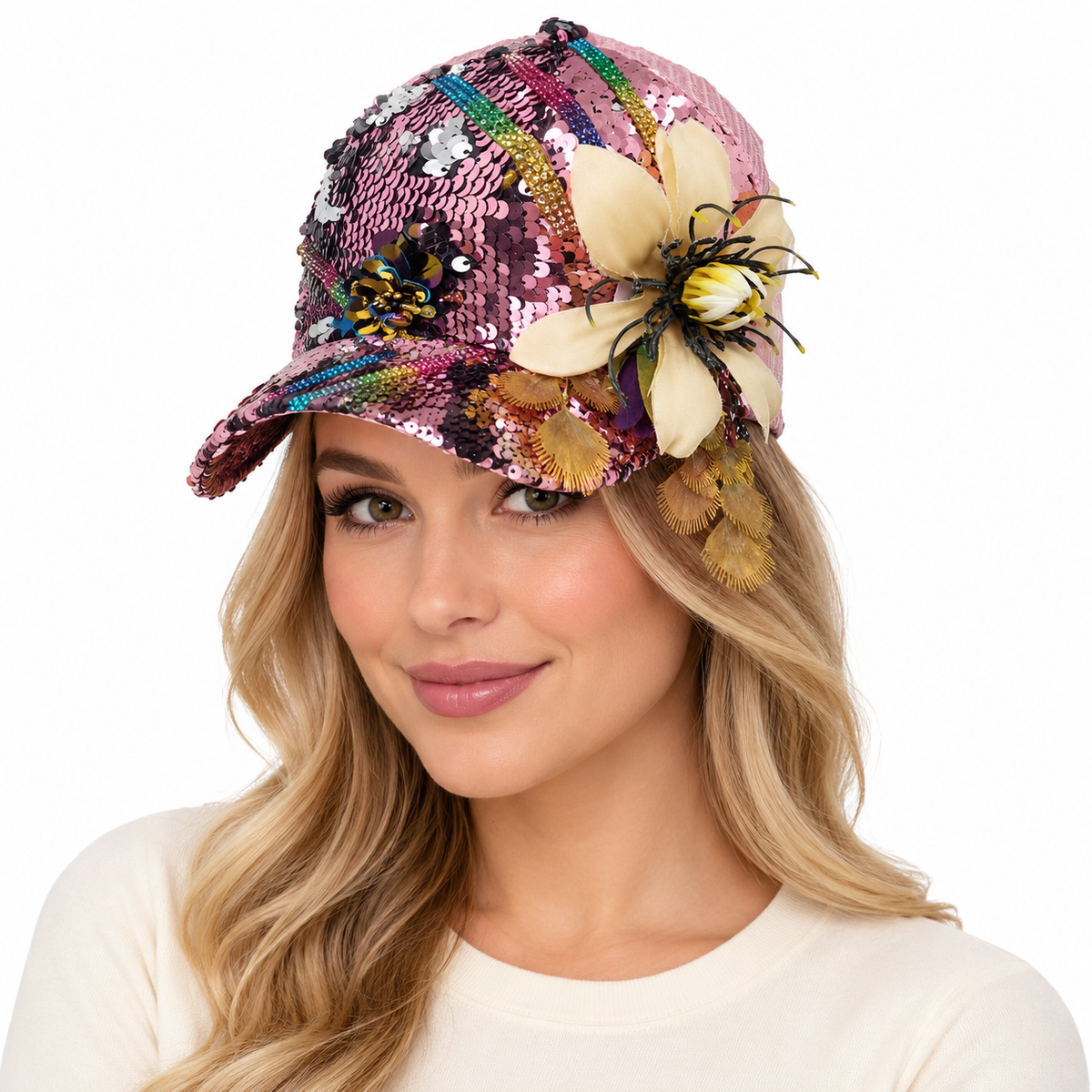 Model wearing Baseball Cap: CA043 "Flowers" Multi-color Flowers & Design on Pink Sequin