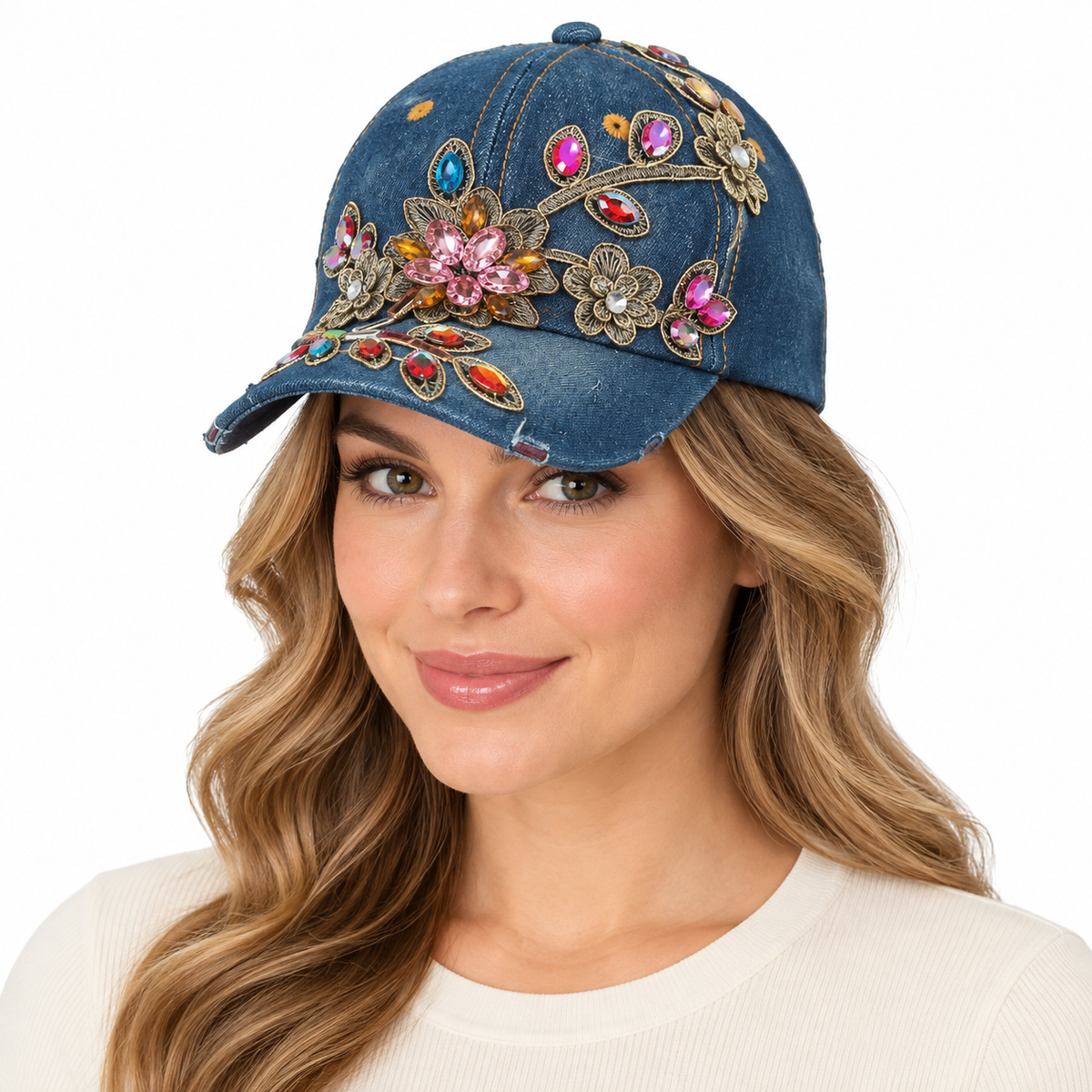 Model wearing Denim Baseball Cap: CA1473 Embroidered Flower Design on Denim Cap