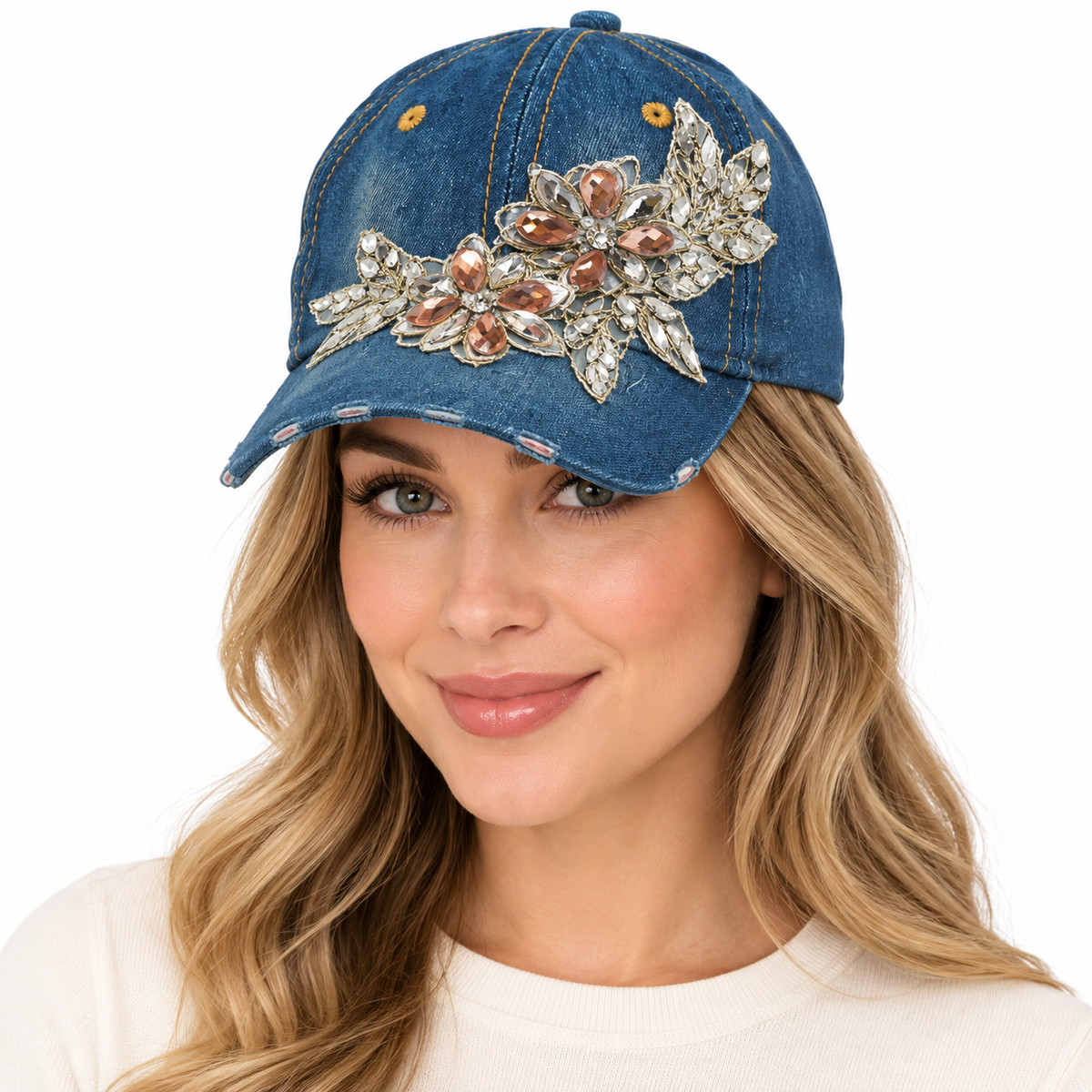 Model wearing Denim Baseball Cap: CA1474 Embroidered Flower Denim Baseball Cap