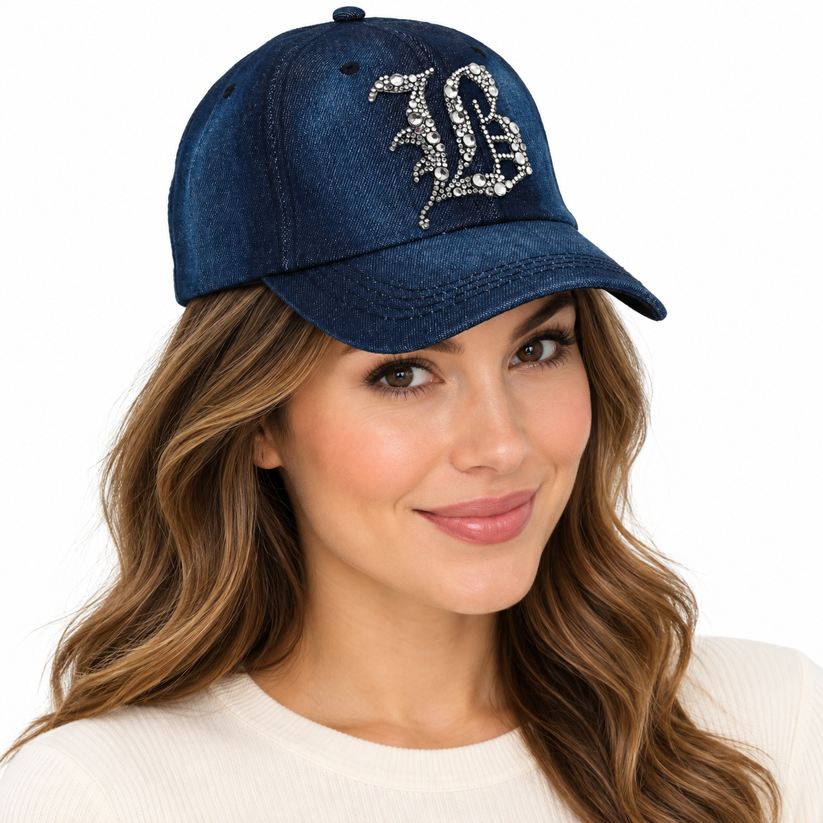 Model wearing Denim Baseball Cap: Dark Denim CA076B Silver Rhinestones Initial "B" on Dark Denim Cap