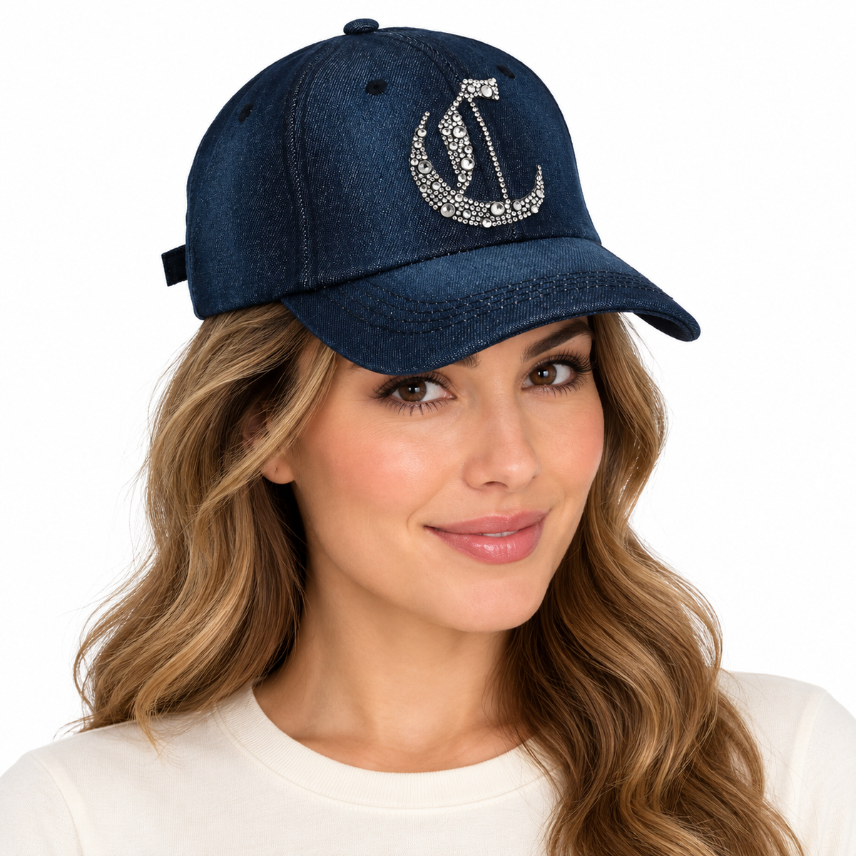Model wearing Denim Baseball Cap: Dark Denim CA076C Silver Rhinestones Initial "C" on Dark Denim Cap