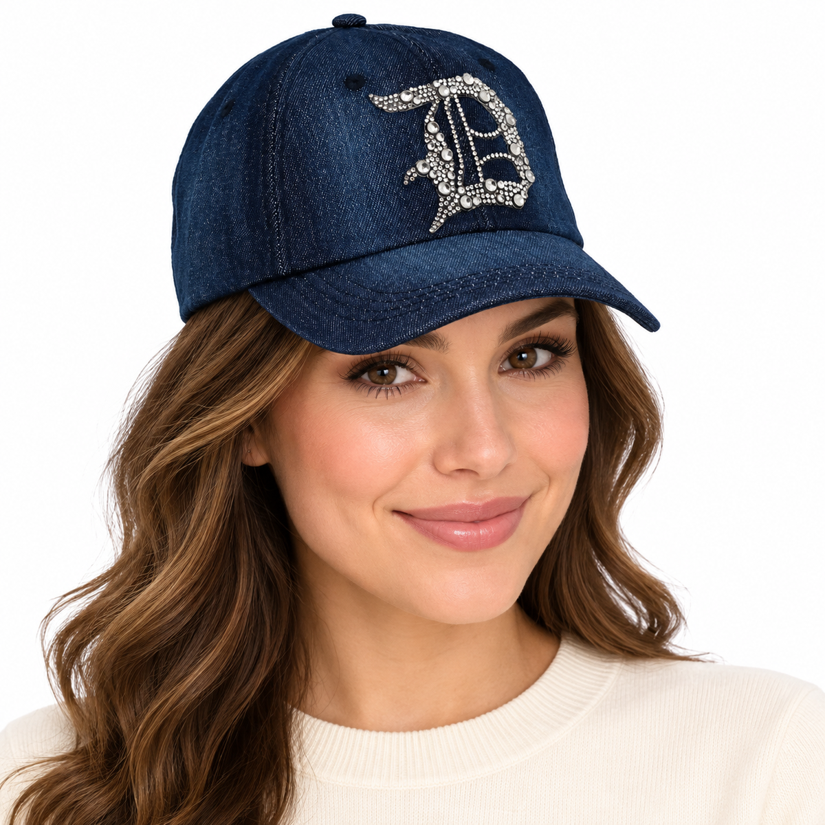 Model wearing Denim Baseball Cap: Dark Denim CA076C Silver Rhinestones Initial "D" on Dark Denim Cap