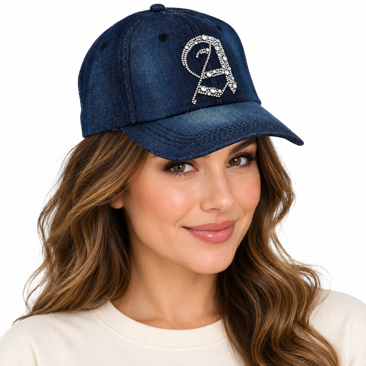 Model wearing Denim Baseball Cap: Dark Denim CA076D Silver Rhinestones Initial "A" on Dark Denim Cap