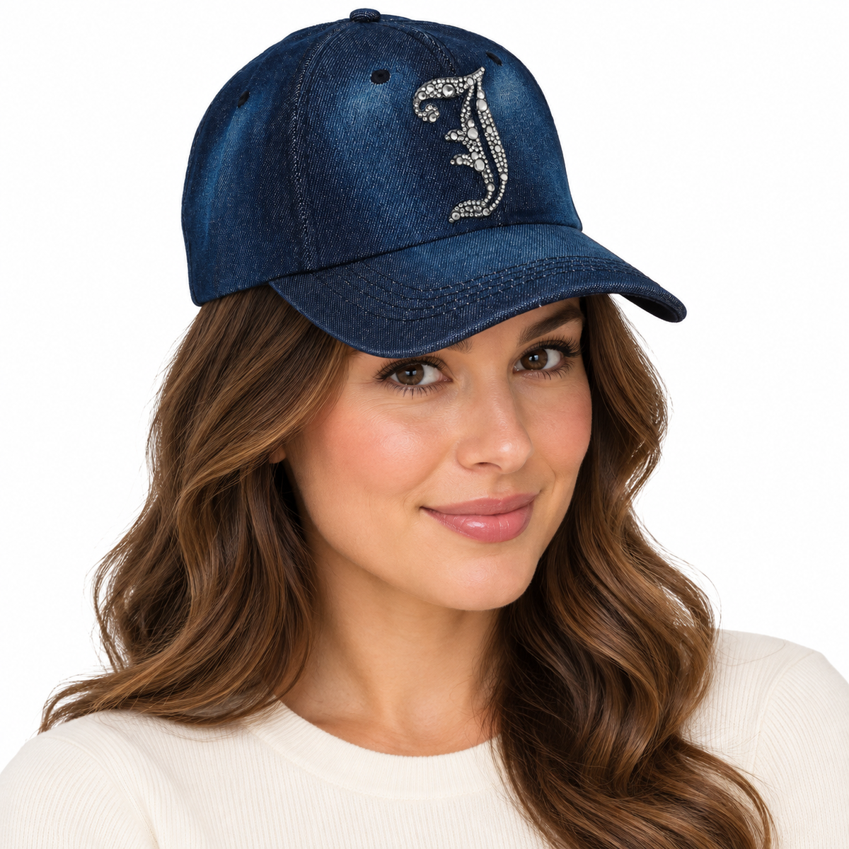 Model wearing Denim Baseball Cap: Dark Denim CA076J Silver Rhinestones Initial "J" on Dark Denim Cap