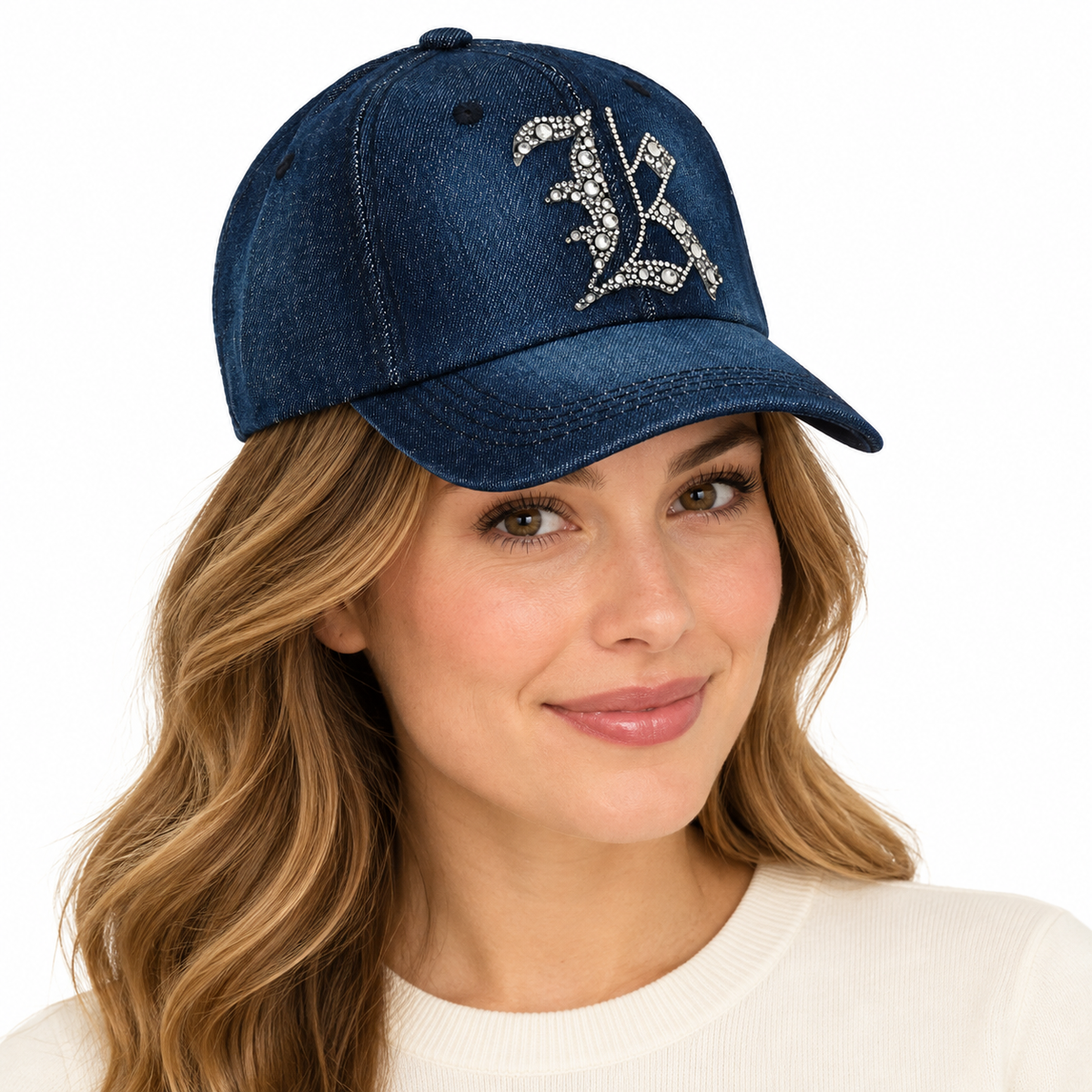 Model wearing Denim Baseball Cap: Dark Denim CA076K Silver Rhinestones Initial "K" on Dark Denim Cap