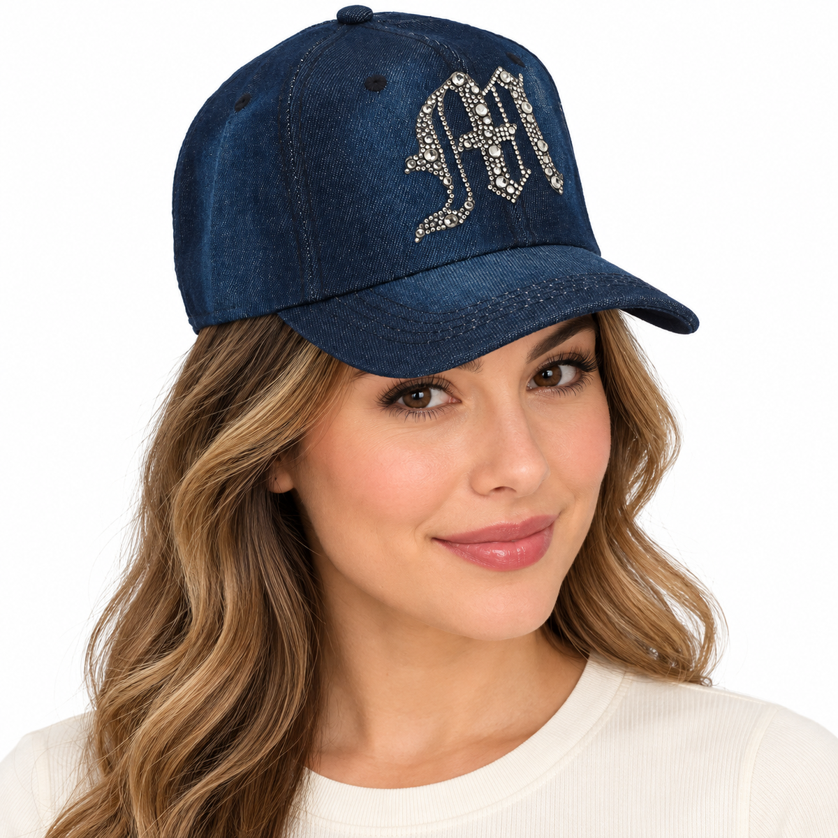 Model wearing Denim Baseball Cap: Dark Denim CA076M Silver Rhinestones Initial "M" on Dark Denim Cap