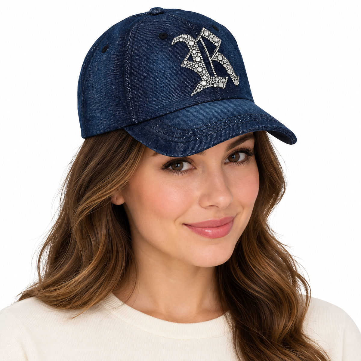 Model wearing Denim Baseball Cap: Dark Denim CA076R Silver Rhinestones Initial "R" on Dark Denim Cap