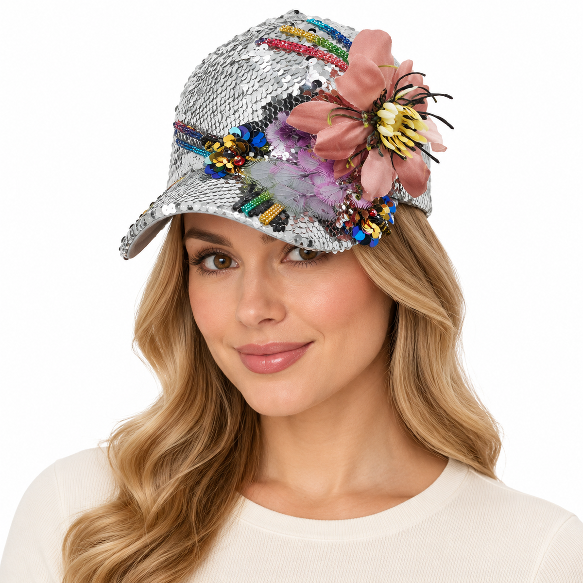 Model wearing Baseball Cap: CA043 "Flowers" Multi-color Flowers & Design on Silver Sequin