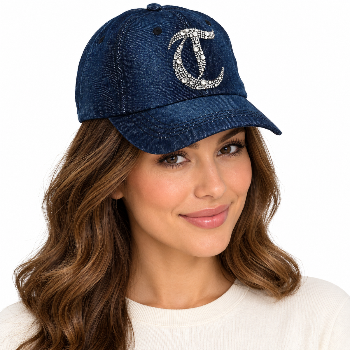 Model wearing Denim Baseball Cap: Dark Denim CA076T Silver Rhinestones Initial "T" on Dark Denim Cap