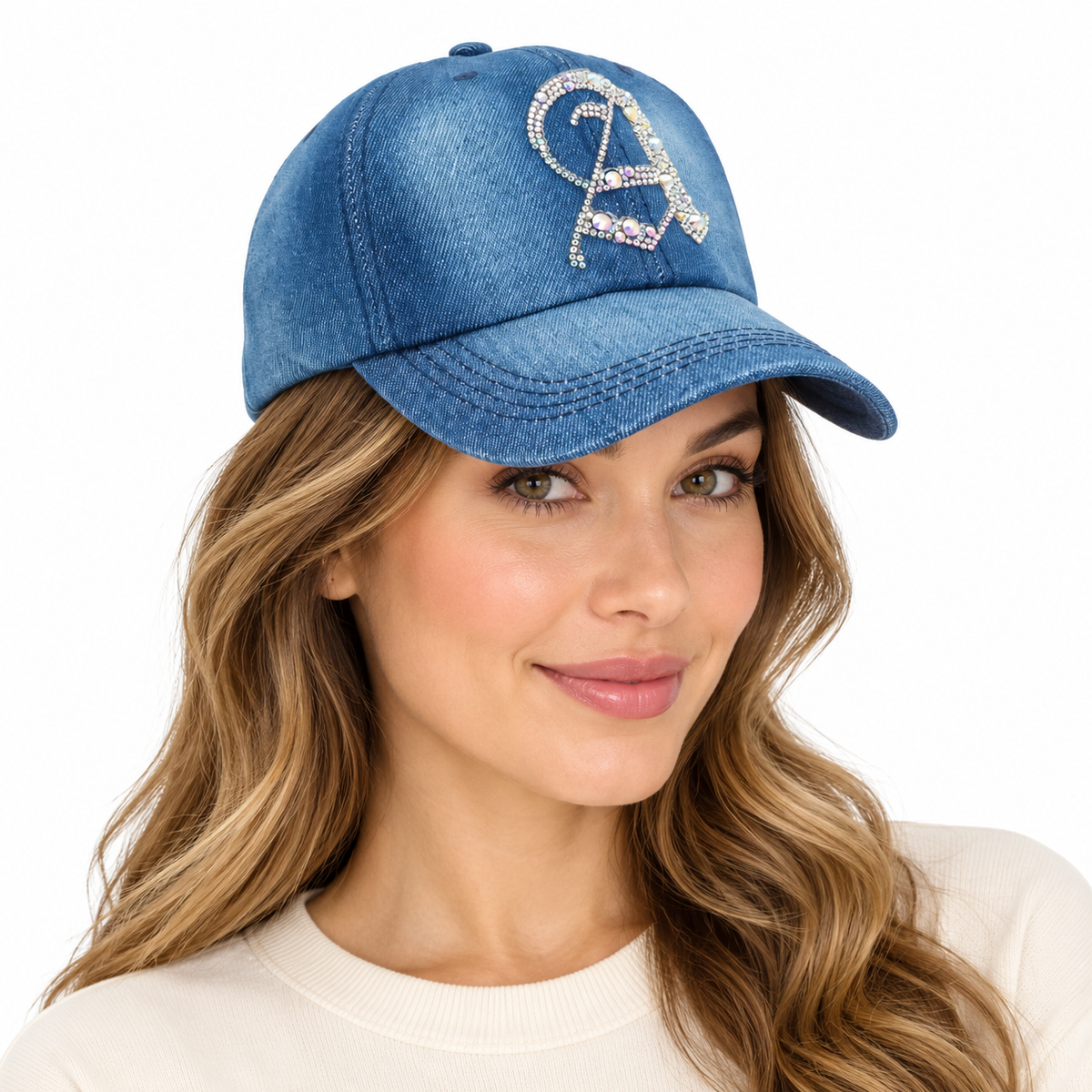 Model wearing Denim Baseball Cap: Light Denim CA076A AB Silver Rhinestones Initial "A" on Denim Cap