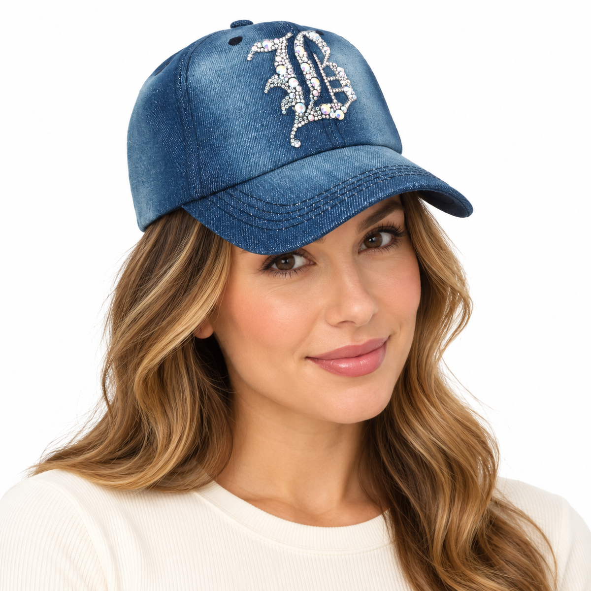 Model wearing Denim Baseball Cap: Light Denim CA076B AB Silver Rhinestones Initial "B" on Denim Cap
