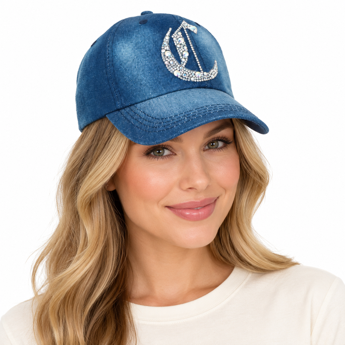 Model wearing Denim Baseball Cap: Light Denim CA076C AB Silver Rhinestones Initial "C" on Denim Cap