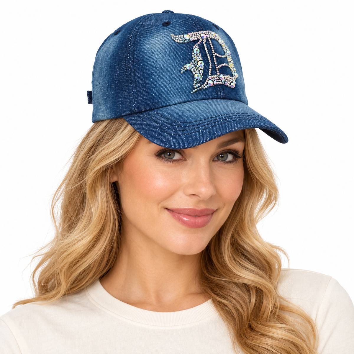 Model wearing Denim Baseball Cap: Light Denim CA076D AB Silver Rhinestones Initial "D" on Denim Cap
