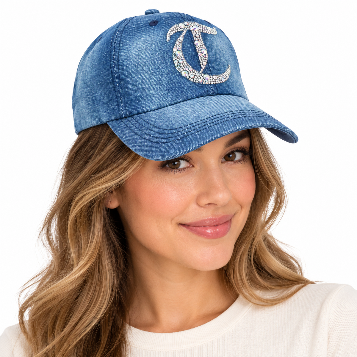 Model wearing Denim Baseball Cap: Light Denim CA076D AB Silver Rhinestones Initial "T" on Denim Cap