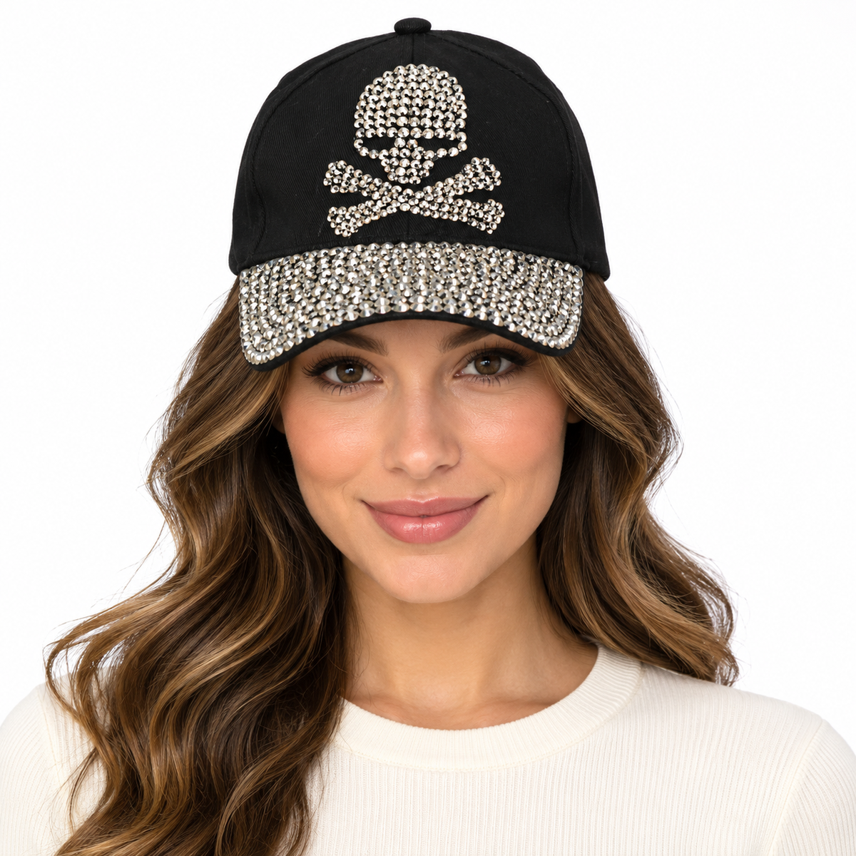 Model wearing Denim Rhinestone Baseball Cap: CA007 "SKULL" Black Denim & Silver Stone
