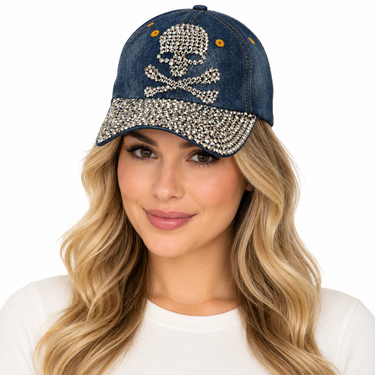 Model wearing Denim Rhinestone Baseball Cap: CA007 "SKULL" Denim & Silver Stone