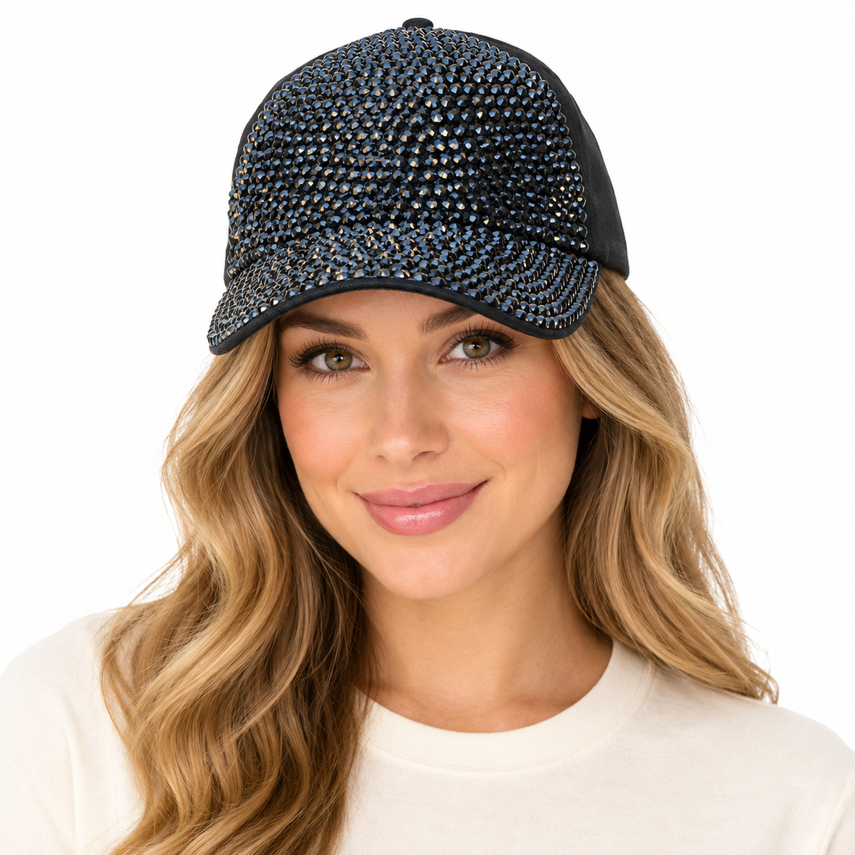 Model wearing Denim Rhinestone Baseball Cap: CA025 Black Denim & Black Stone