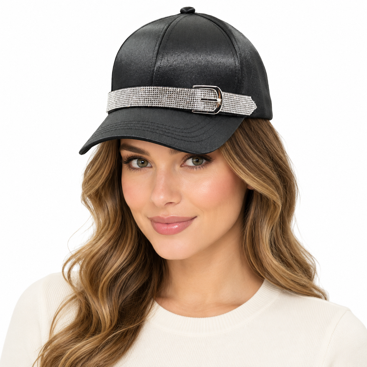 Model wearing Baseball Cap: CA045 Satin Black Rhinestones Belt Detail Baseball Cap