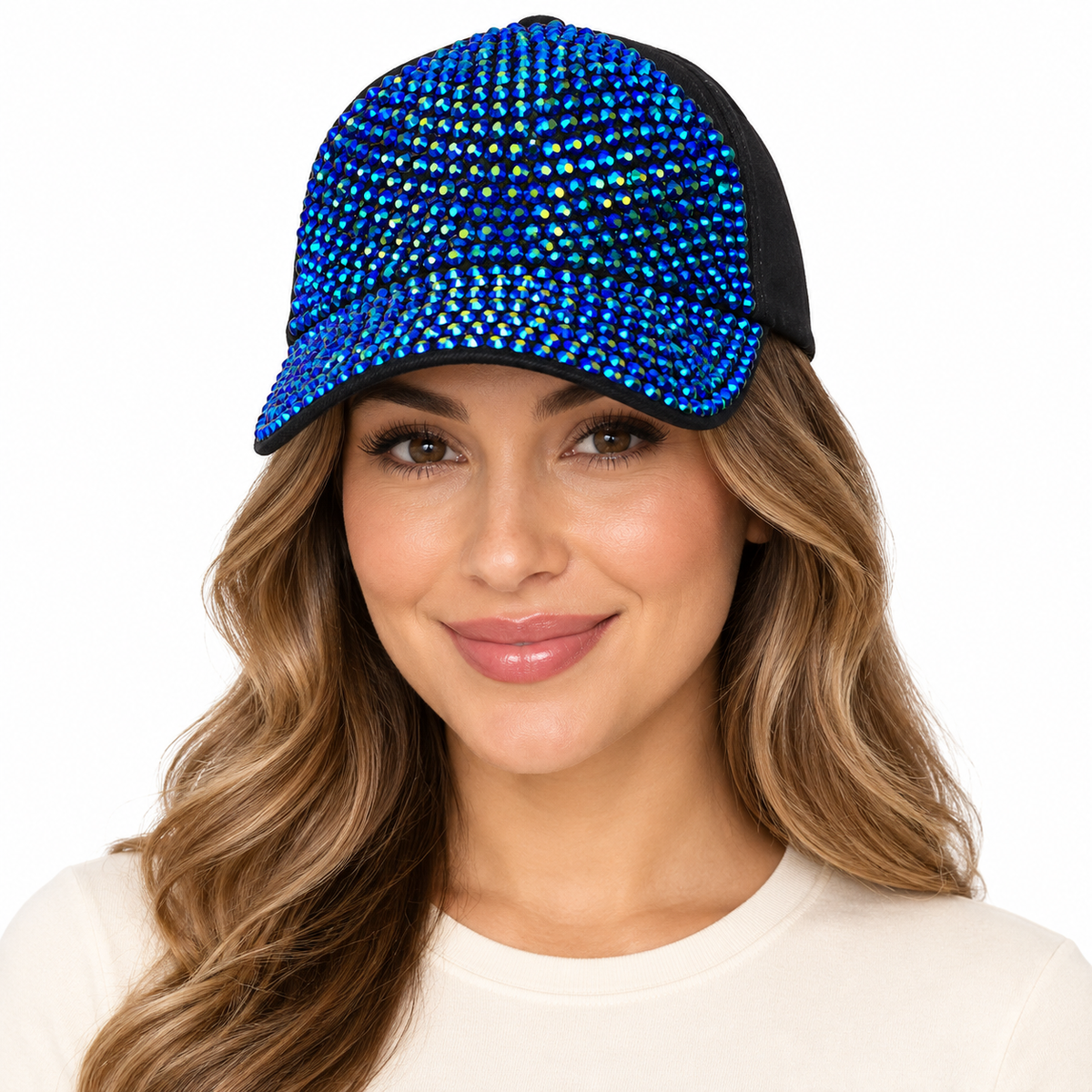 Model wearing Denim Rhinestone Baseball Cap: CA025 Black Denim & Blue Stone
