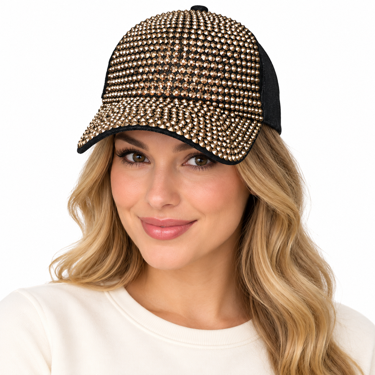 Model wearing Denim Rhinestone Baseball Cap: CA025 Black Denim & Gold Stone