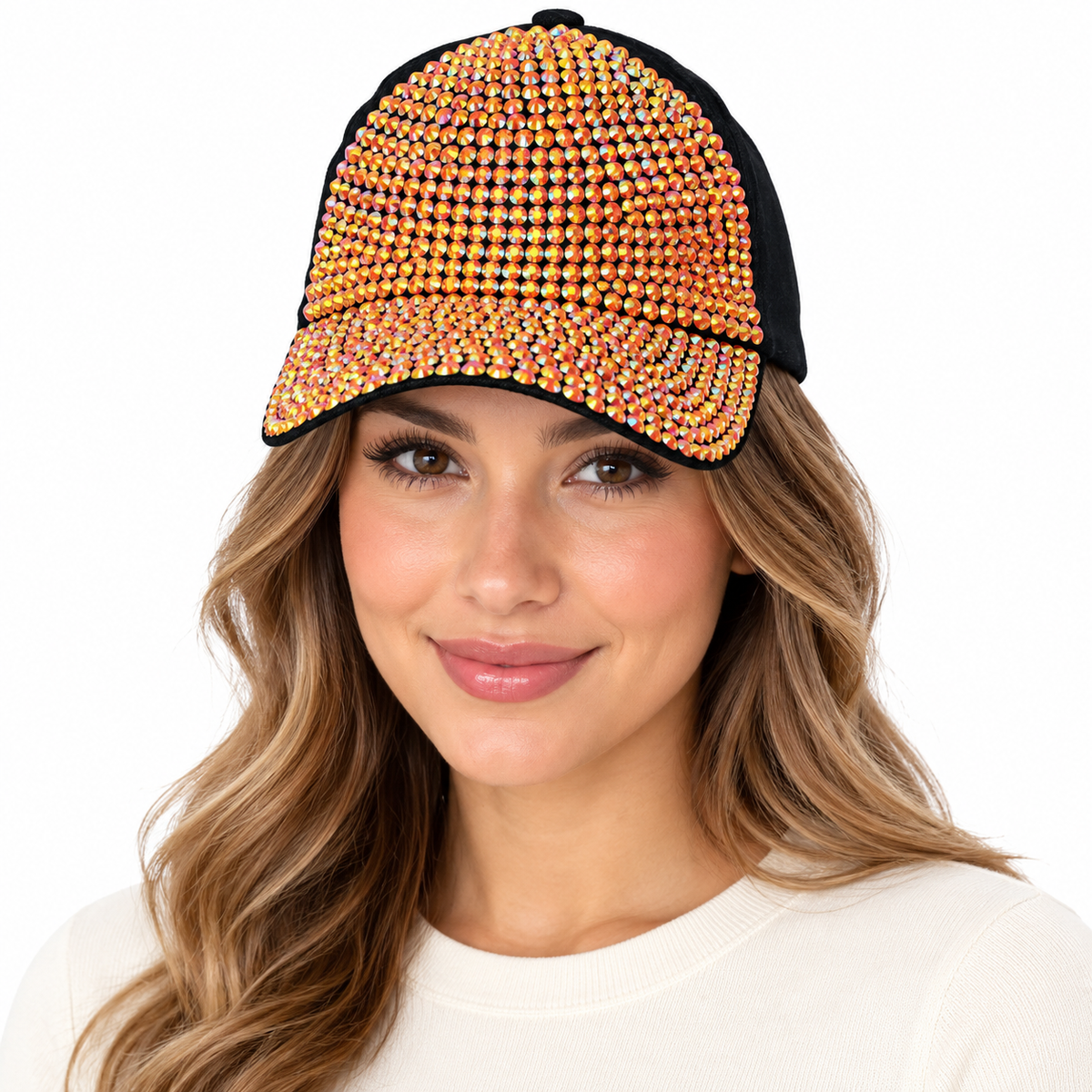 Model wearing Denim Rhinestone Baseball Cap: CA025 Black Denim & Orange Stone