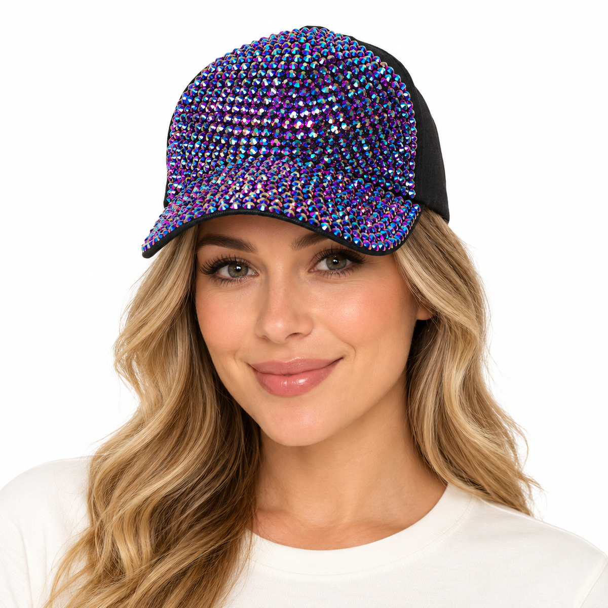 Model wearing Denim Rhinestone Baseball Cap: CA025 Black Denim & Purple Stone