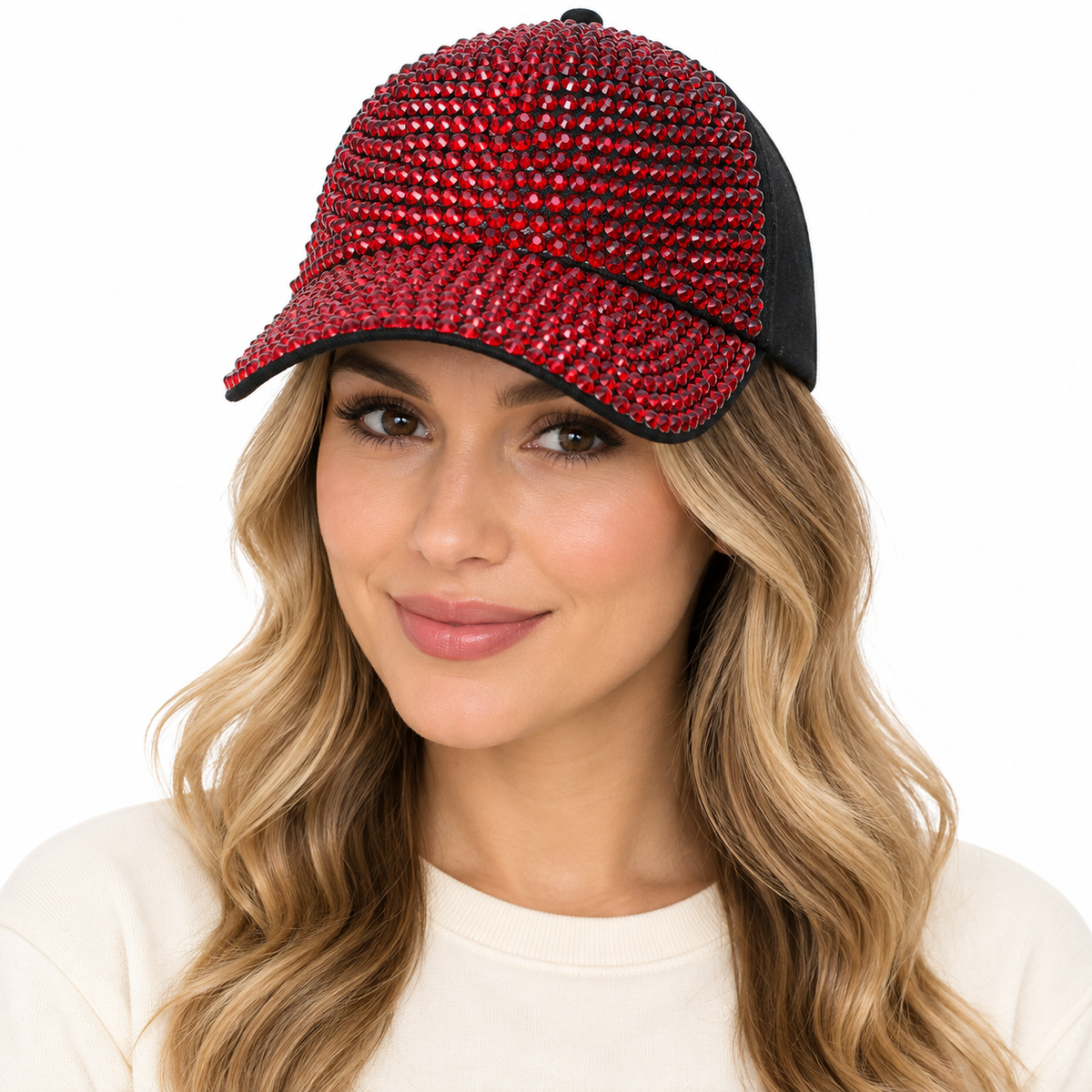 Model wearing Denim Rhinestone Baseball Cap: CA025 Black Denim & Red Stone