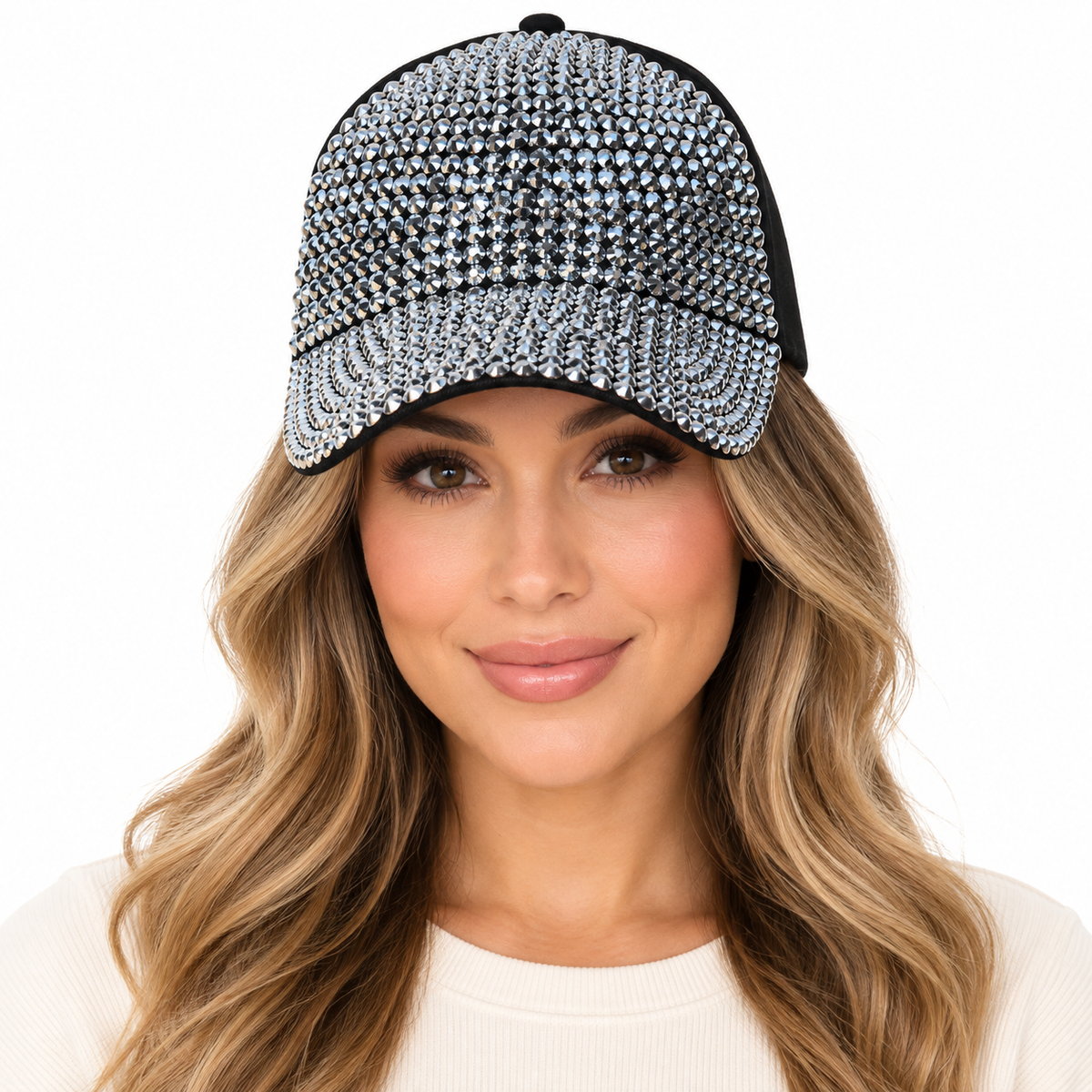 Model wearing Denim Rhinestone Baseball Cap: CA025 Black Denim & Silver Stone