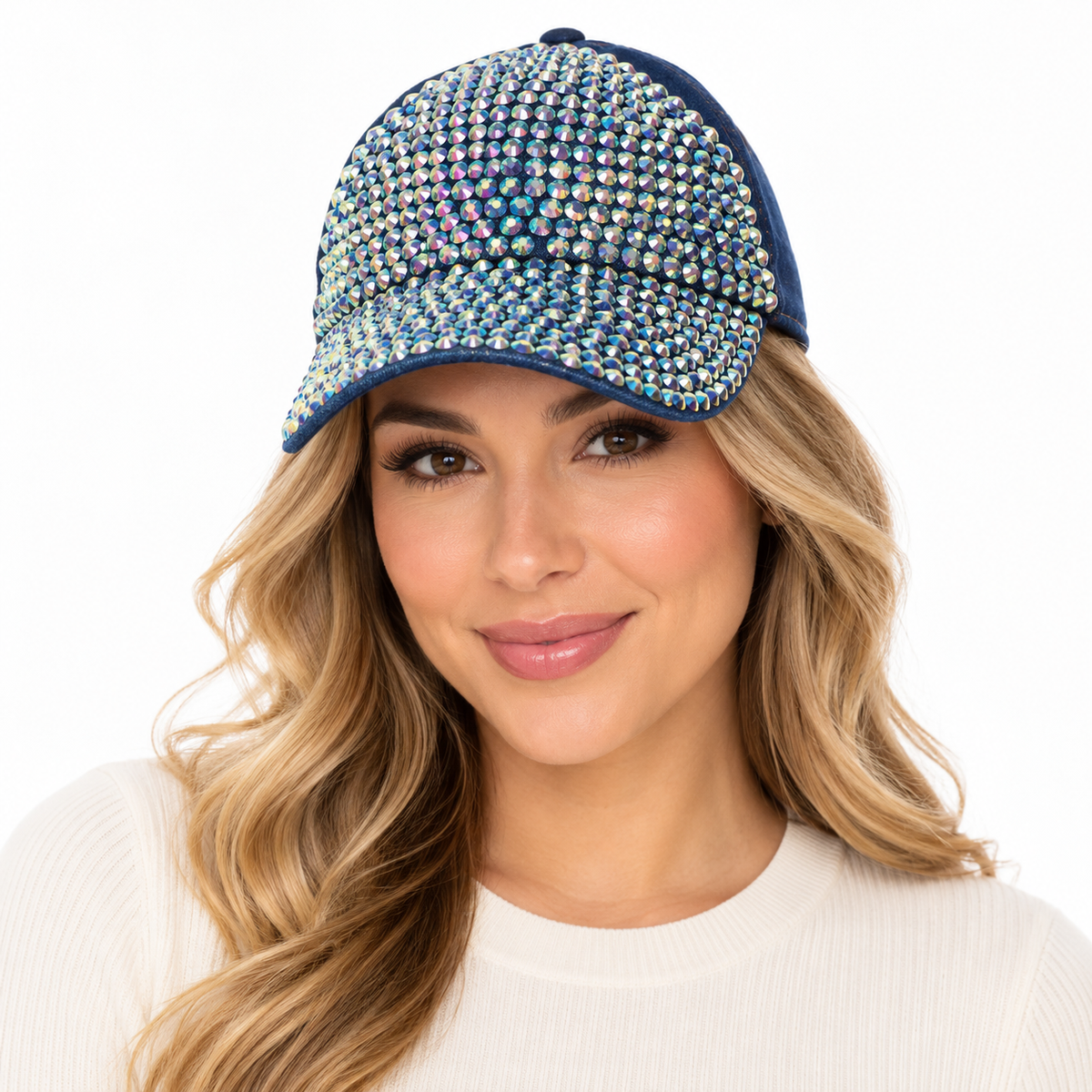 Model wearing Denim Rhinestone Baseball Cap: CA025 Denim & AB Stone