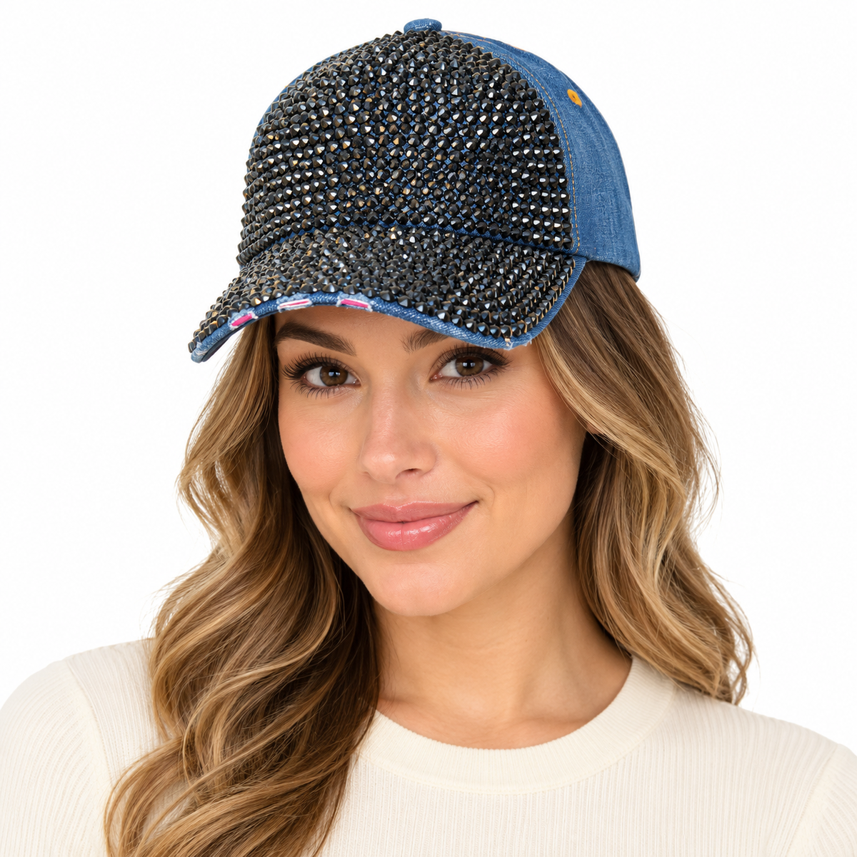 Model wearing Denim Rhinestone Baseball Cap: CA025 Denim & Black Stone
