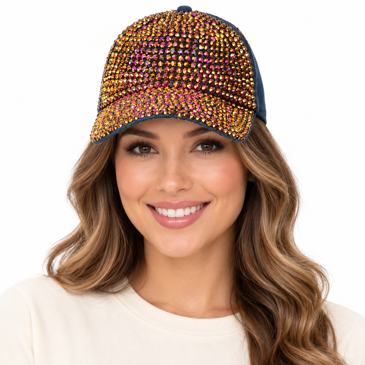 Model wearing Denim Rhinestone Baseball Cap: CA025 Denim & Brown Stone