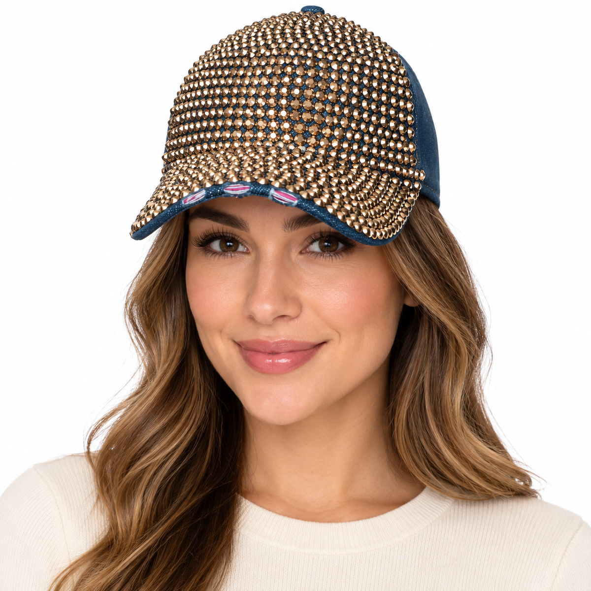 Model wearing Denim Rhinestone Baseball Cap: CA025 Denim & Gold Stone