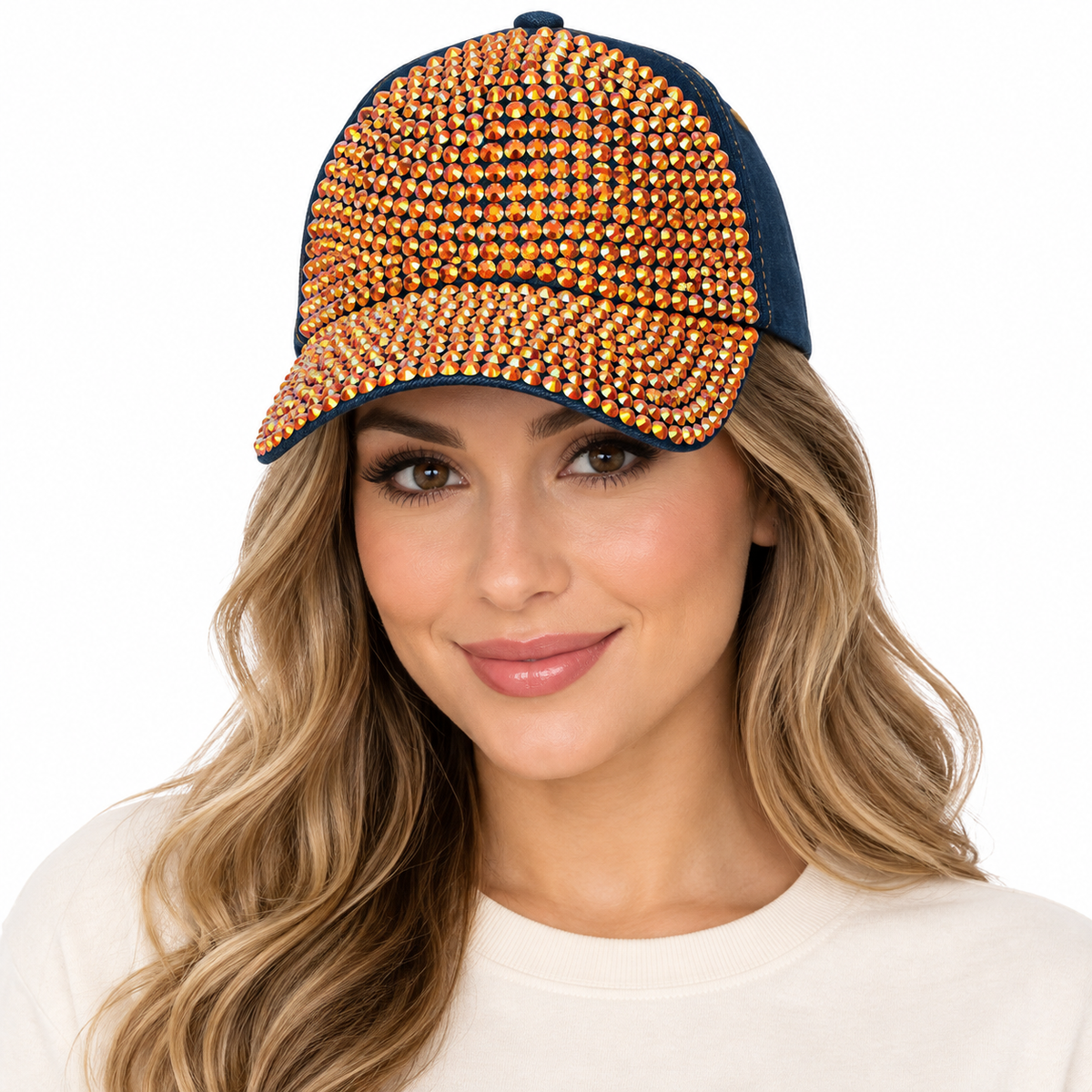 Model wearing Denim Rhinestone Baseball Cap: CA025 Denim & Orange Stone