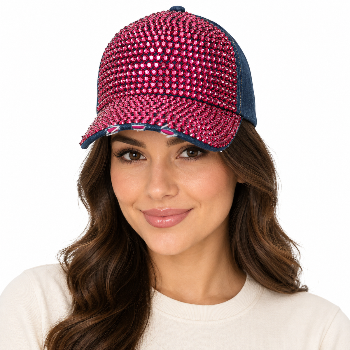 Model wearing Denim Rhinestone Baseball Cap: CA025 Denim & Pink Stone