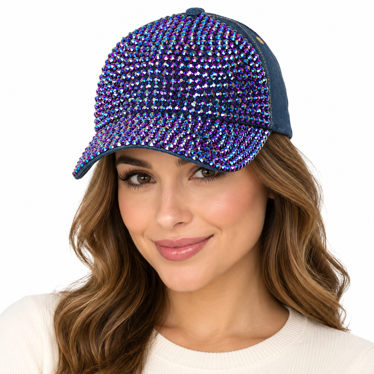 Model wearing Denim Rhinestone Baseball Cap: CA025 Denim & Purple Stone