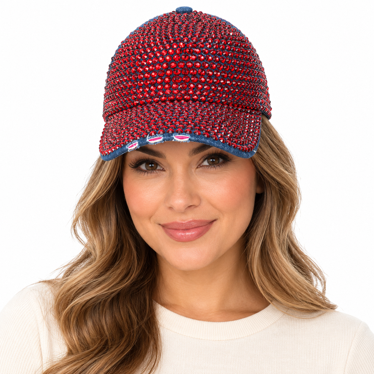 Model wearing Denim Rhinestone Baseball Cap: CA025 Denim & Red Stone
