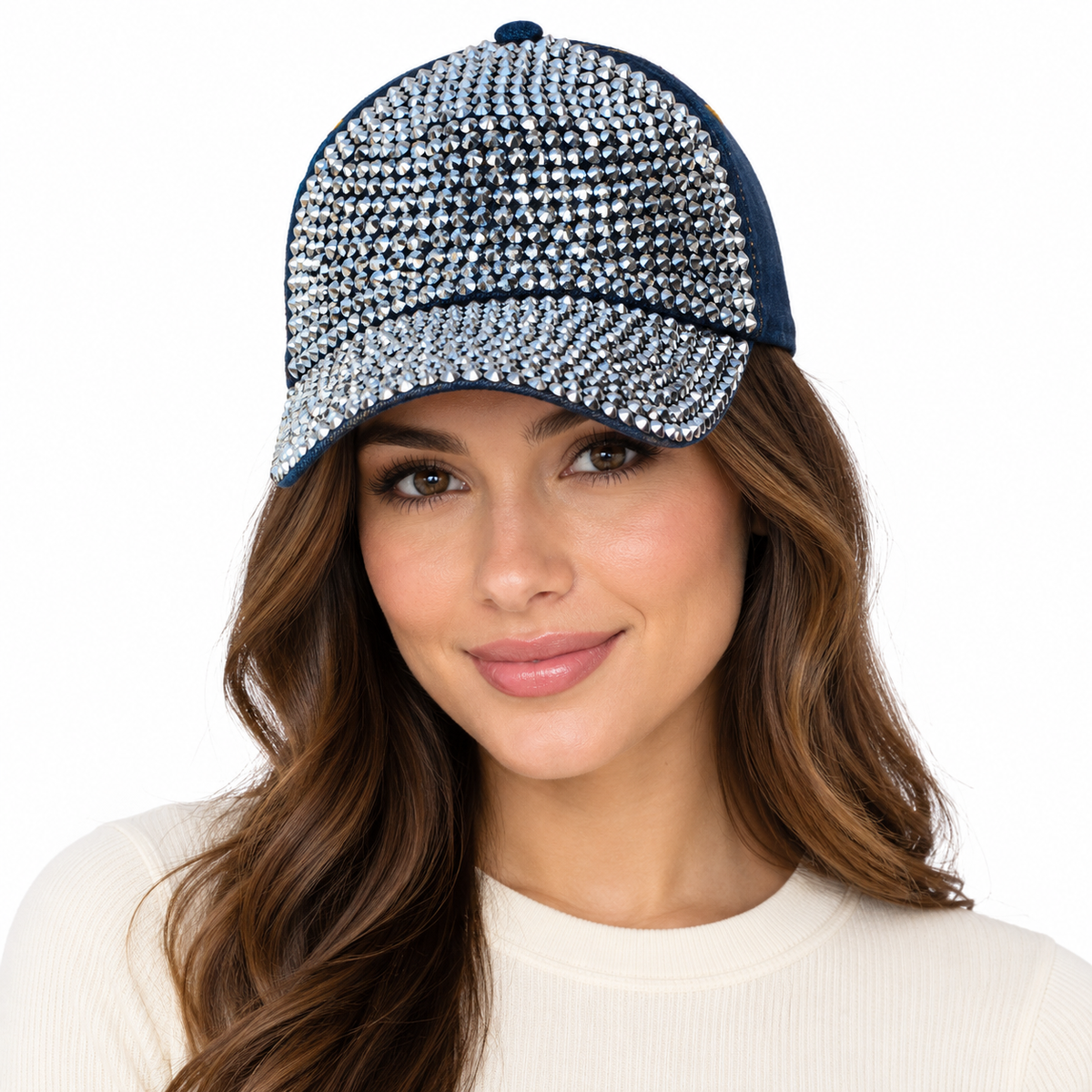 Model wearing Denim Rhinestone Baseball Cap: CA025 Denim & Silver Stone