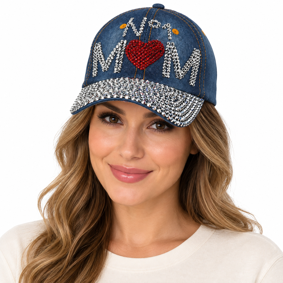 Model wearing Denim Rhinestone Baseball Cap: CA034 "No.1 Mom" Silver & Red Stones