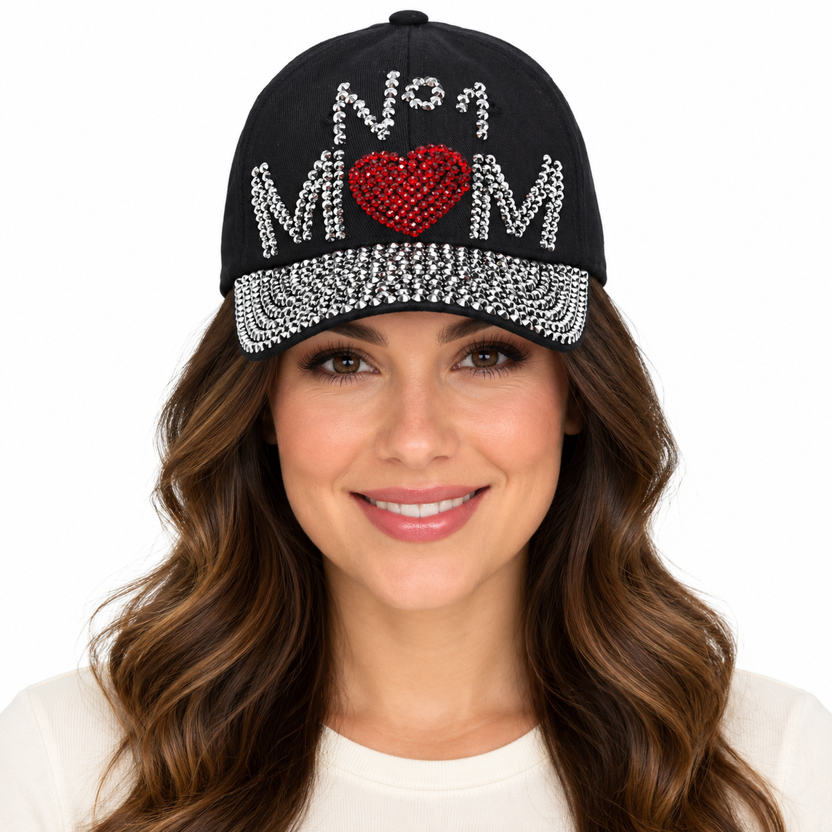 Model wearing Denim Rhinestone Baseball Cap: CA034 "No.1 Mom" Silver & Red Stones on Black Denim
