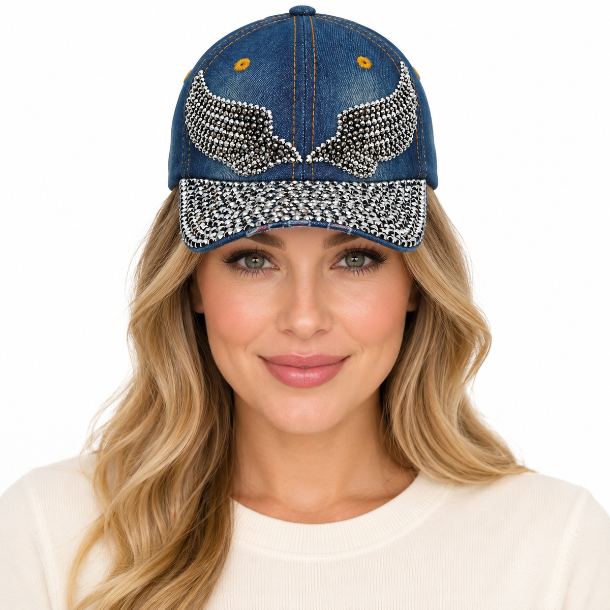Model wearing Denim Rhinestone Baseball Cap: CA035 "Angel Wings" Silver & Black Stones i