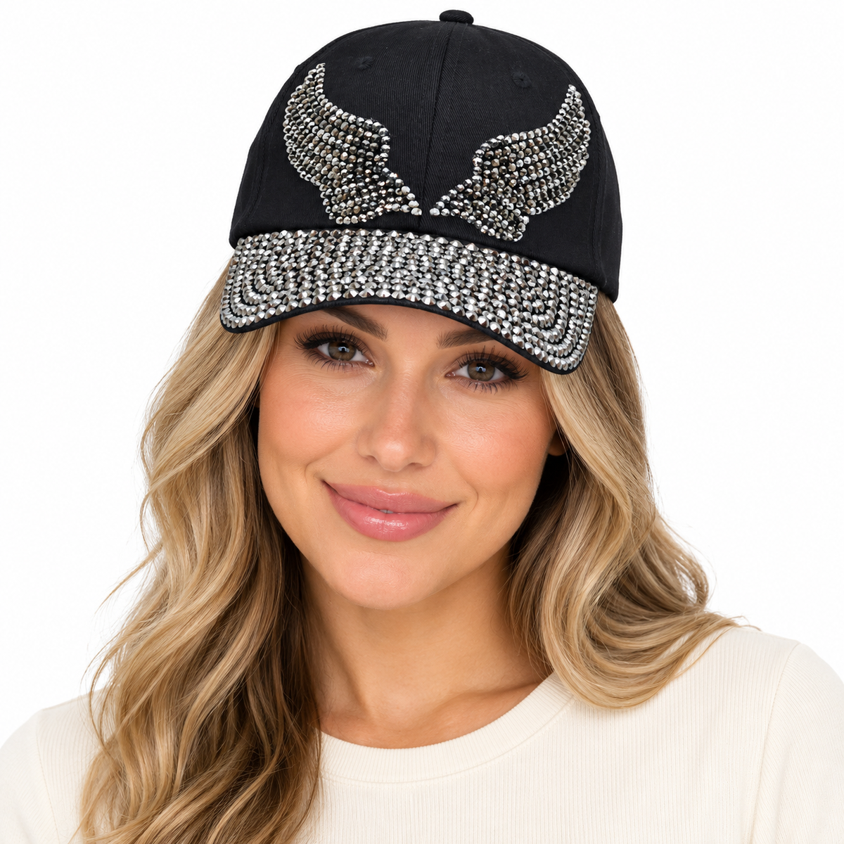 Model wearing Denim Rhinestone Baseball Cap: CA035 "Angel Wings" Silver & Black Stones in Black Denim