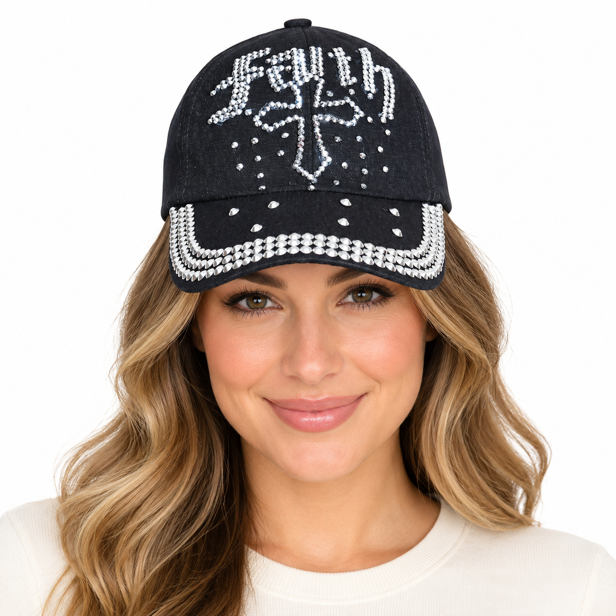 Model wearing Denim Rhinestone Baseball Cap: CA15214 "Faith" Silver & Red Stones on Black Denim